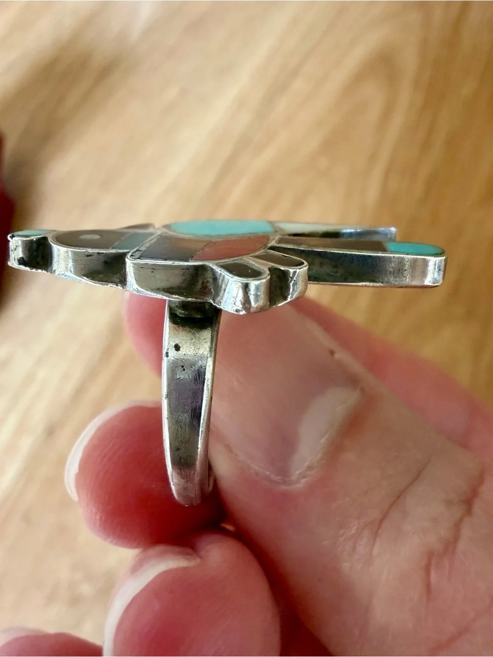 Vintage Native American Zuni Sterling Silver Turquoise Inlay Bird Ring Size 6